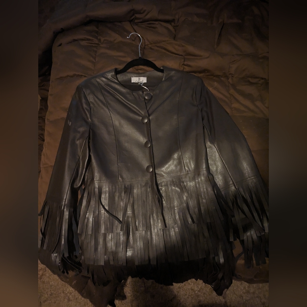 Casting faux leather fringe brown jacket size 2